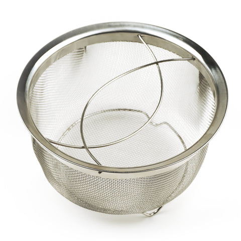 RSVP International stainless steel mesh basket serves as steamer for vegetables and dumplings.