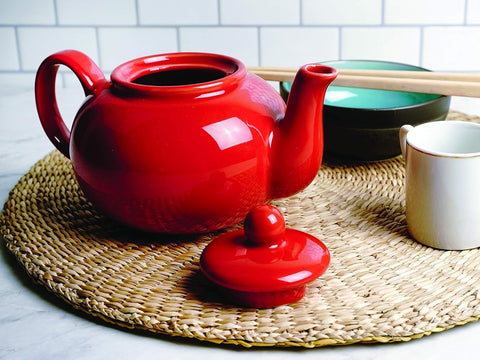 RSVP International red teapot with compact 16-ounce size for small groups.