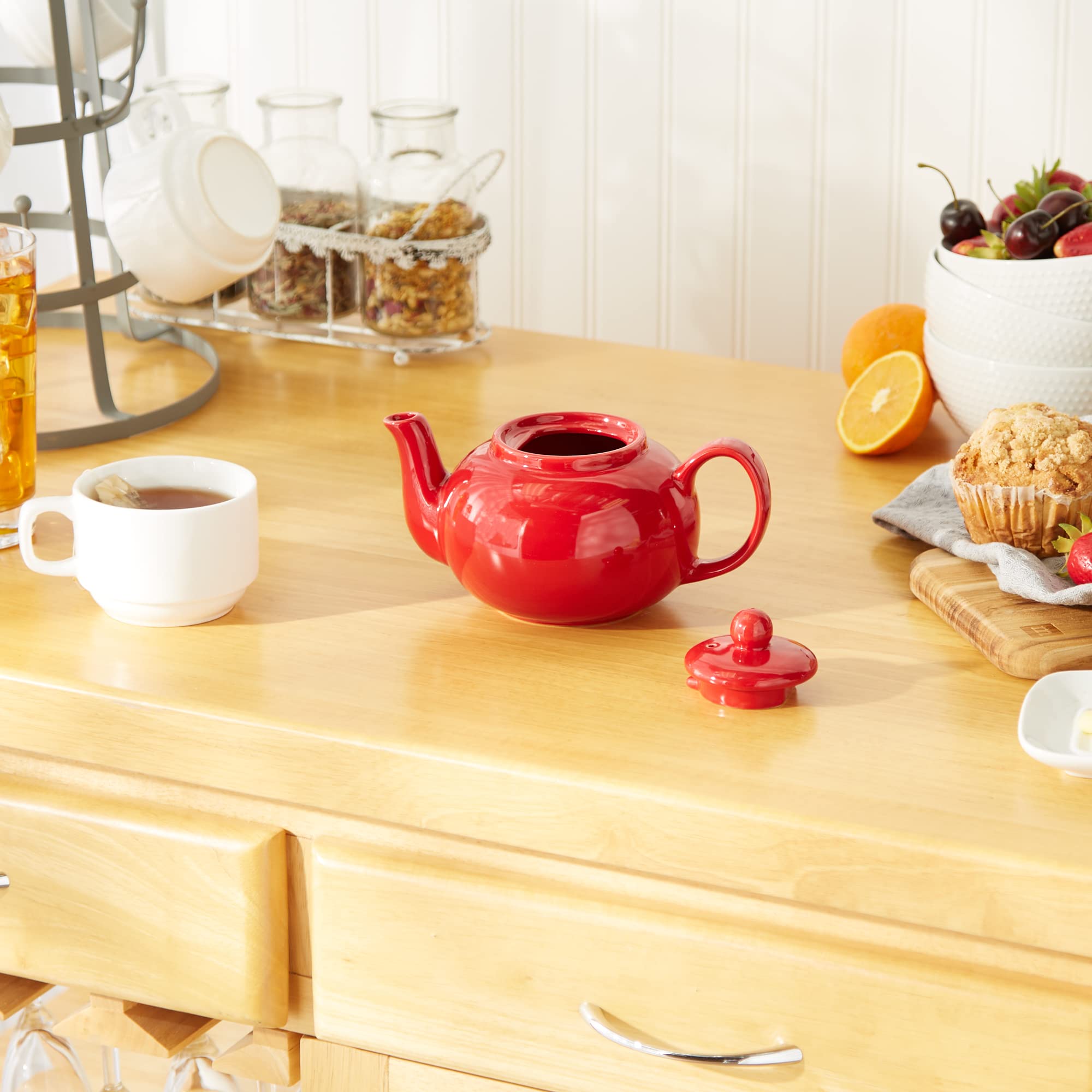RSVP International red teapot is microwave-safe for quick heating.