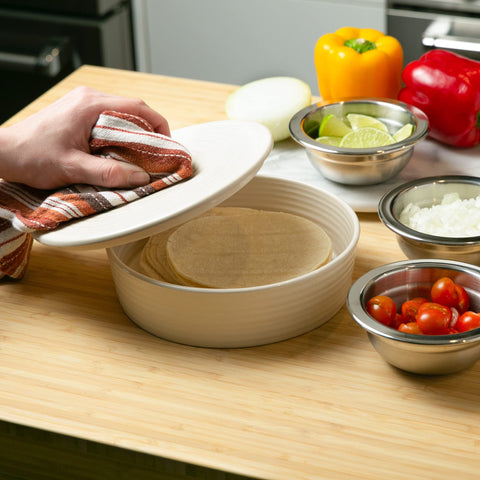 RSVP International tortilla warmer lid on shows secure heat retention