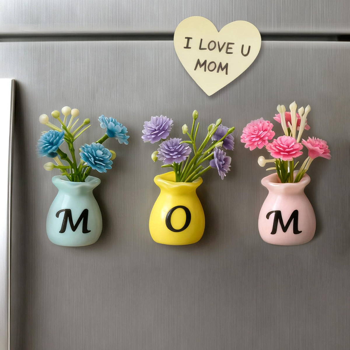 RTHPY Mom mini vase magnets on fridge add cheerful color.