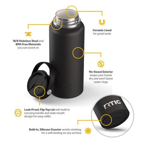 RTIC Outback 32oz bottle double-wall insulation—keeps beverages cold for long hikes.