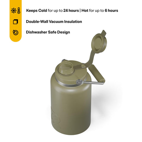 RTIC Outback Jug olive with lid open demonstrates easy filling and pouring