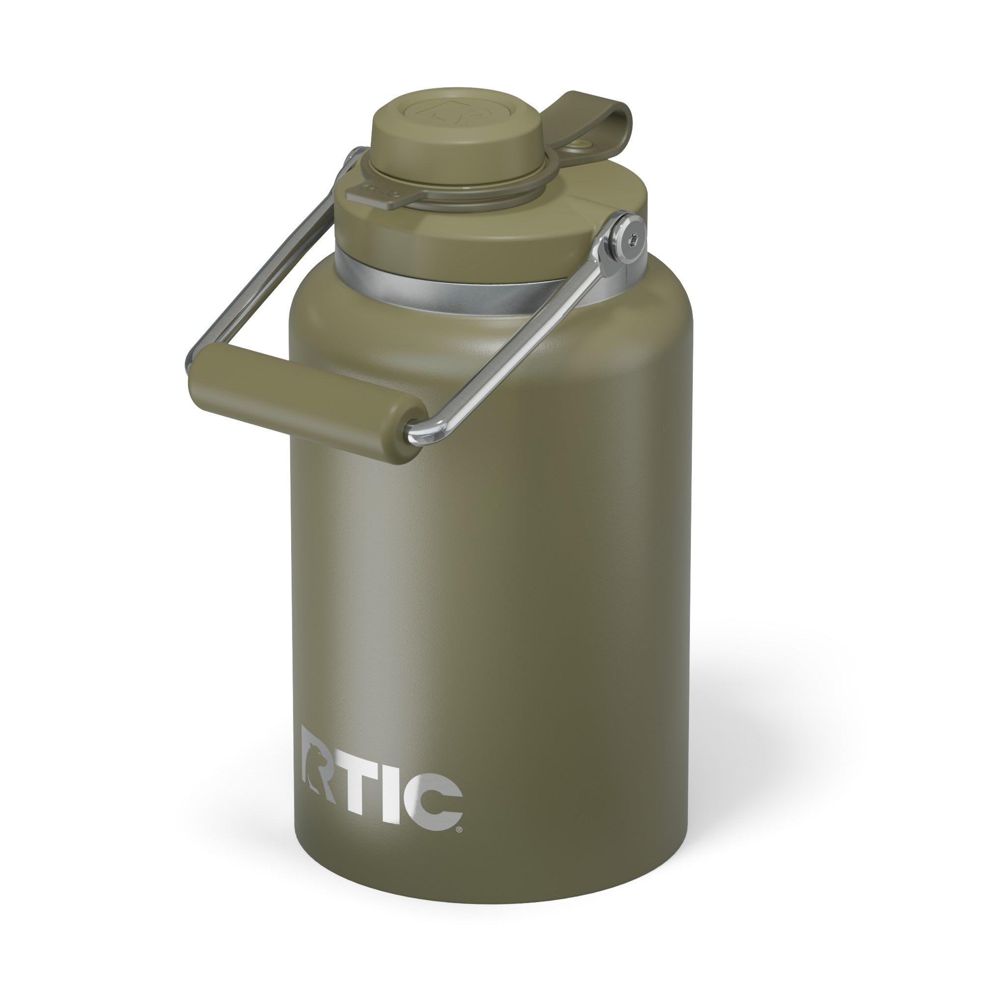 RTIC Outback Jug olive side view shows rugged outdoor design and stability