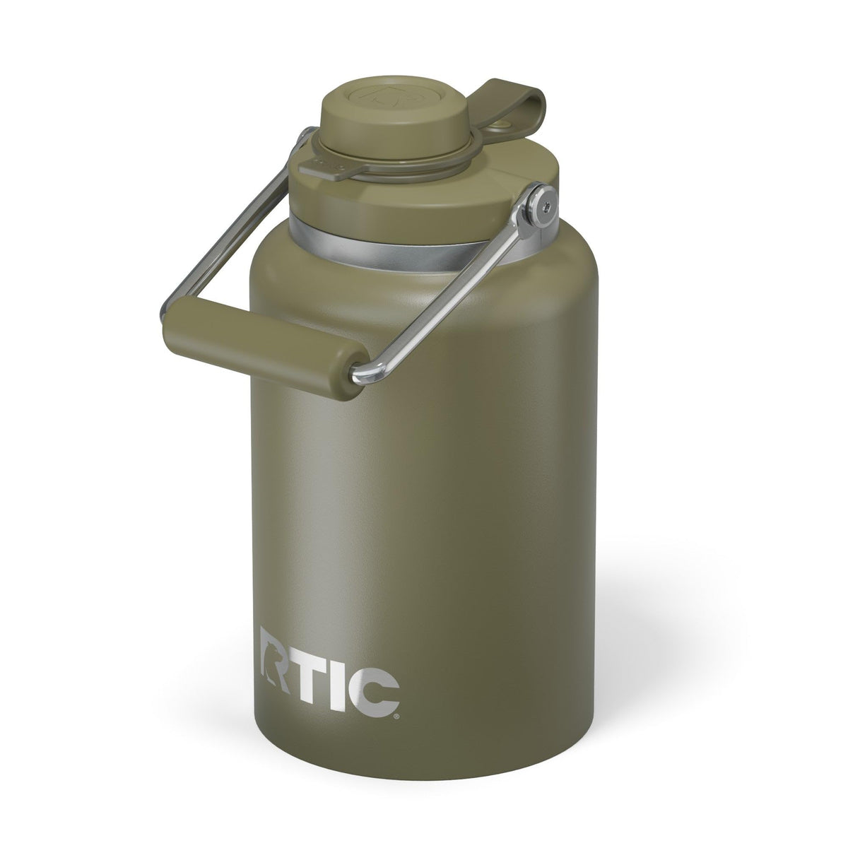 RTIC Outback Jug olive side view shows rugged outdoor design and stability
