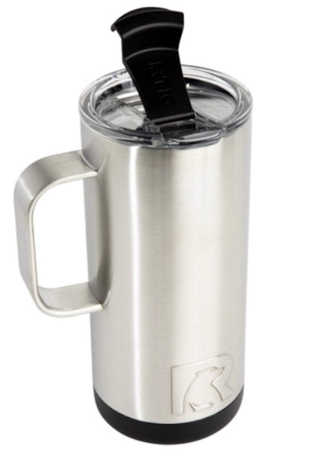 RTIC Travel Coffee Cup 16 oz stainless, close-up shows double-wall insulation preventing condensation.