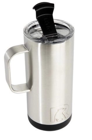 RTIC Travel Coffee Cup 16 oz stainless, close-up shows double-wall insulation preventing condensation.