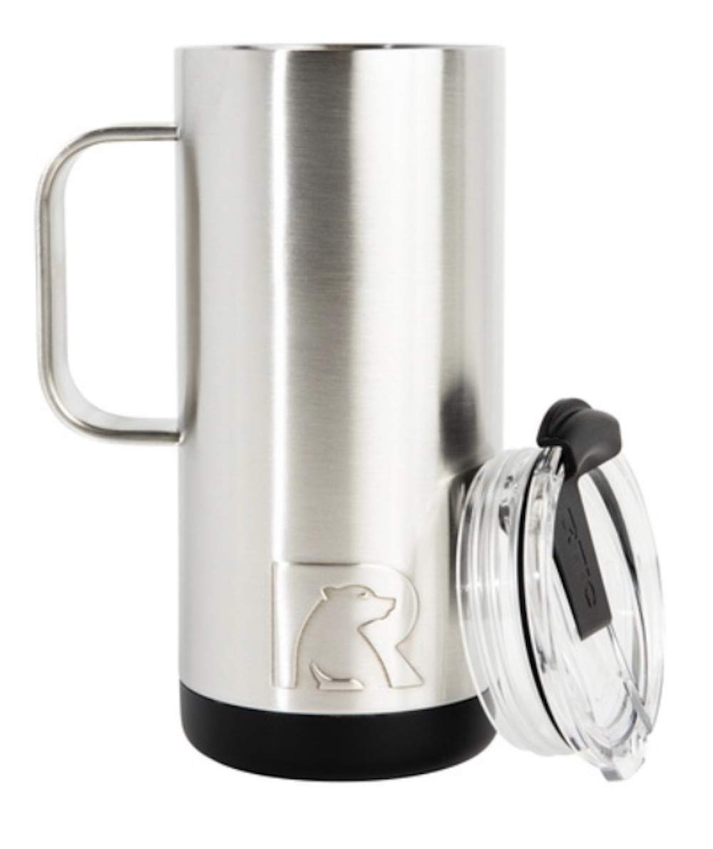 RTIC Travel Coffee Cup 16 oz stainless with splash-proof lid for on-the-go sipping.