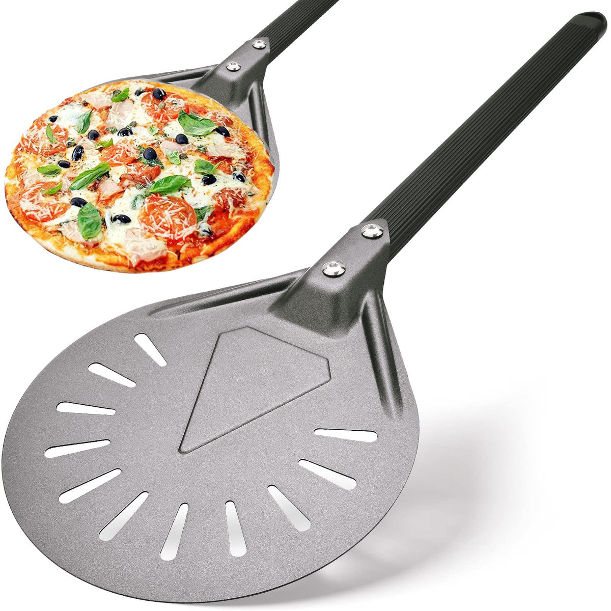 RTT turning pizza peel with 8-inch aluminum round paddle for safe rotation.