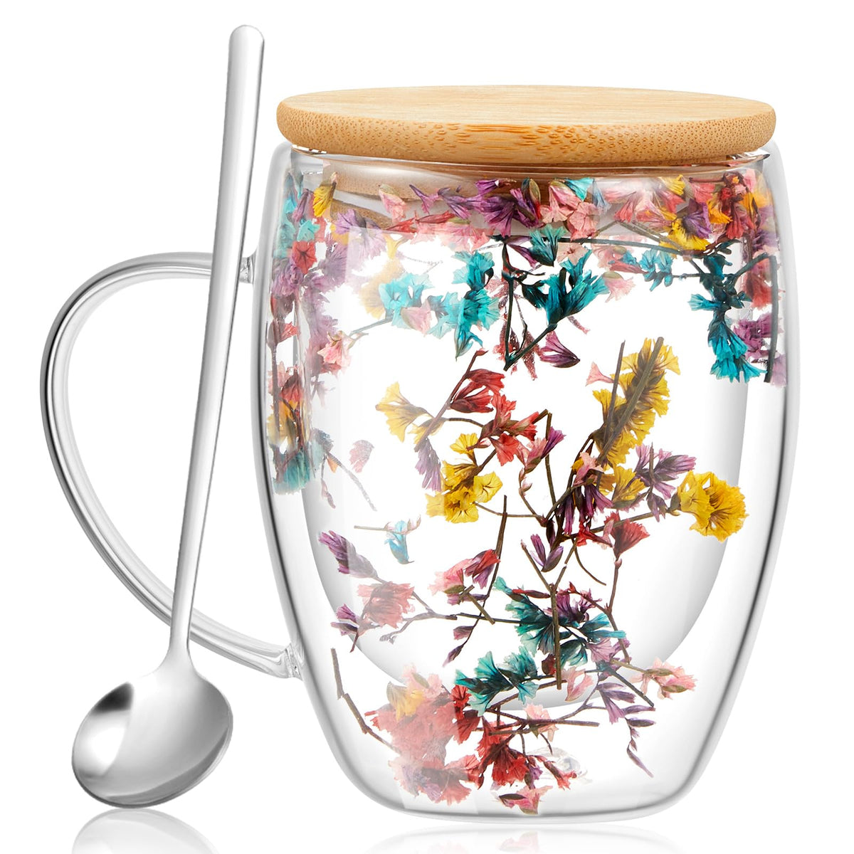 Rtteri double-wall glass mug with flower pattern keeps drinks at stable temperatures.