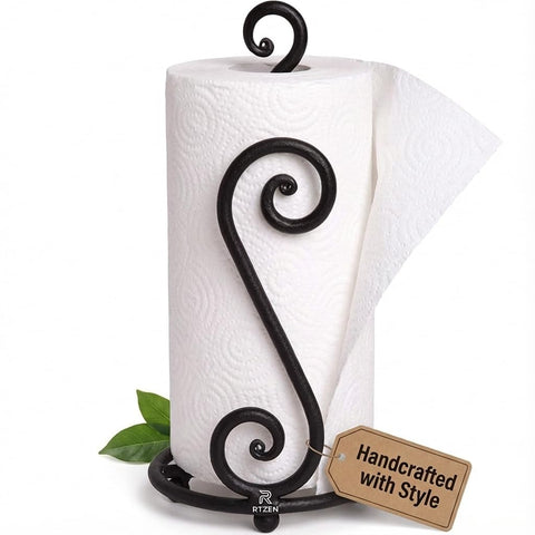 RTZEN Matte Black Swirl Paper Towel Holder on countertop, rustic flair and convenience
