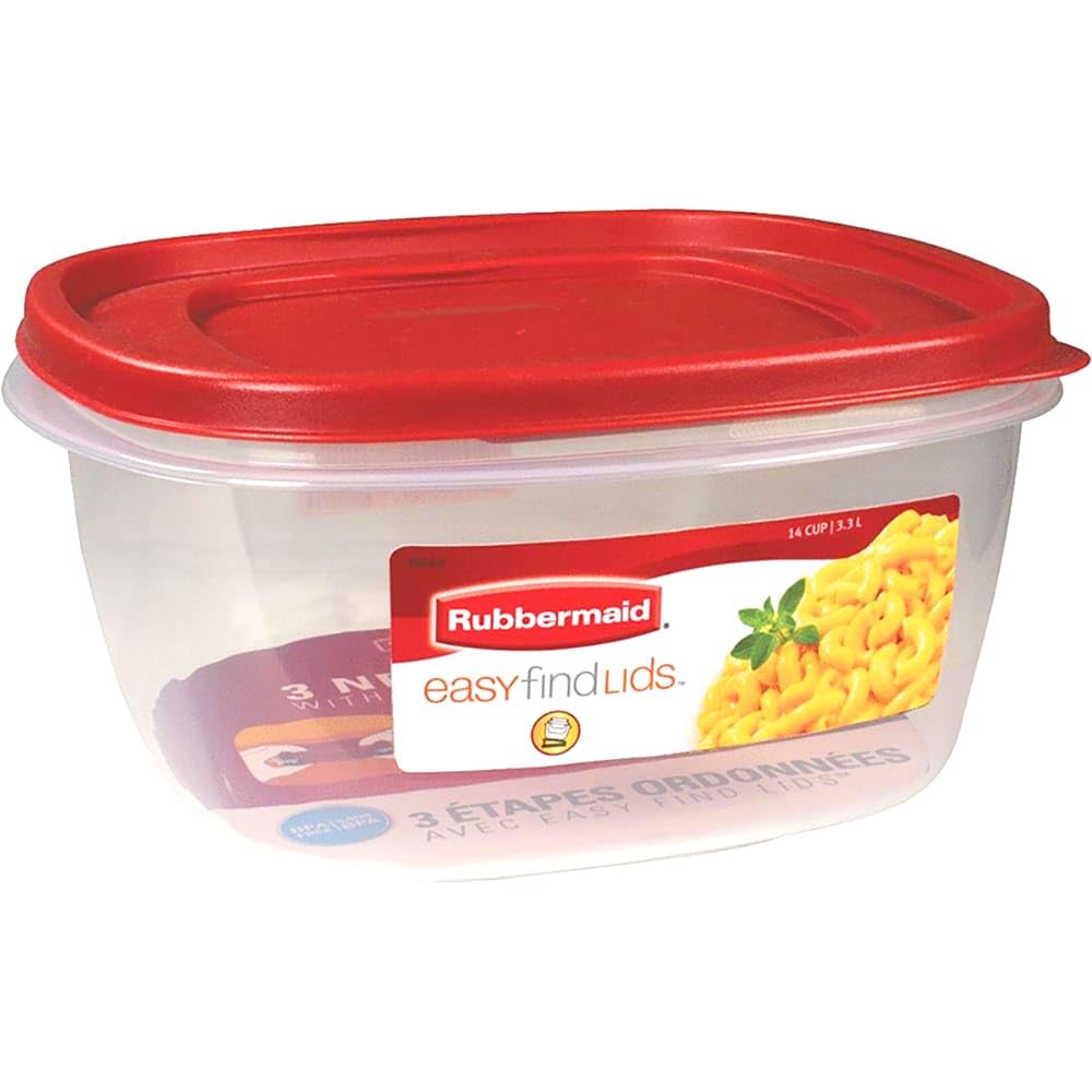 Rubbermaid 14-cup square container with red racer lid for fridge organization and portioning.