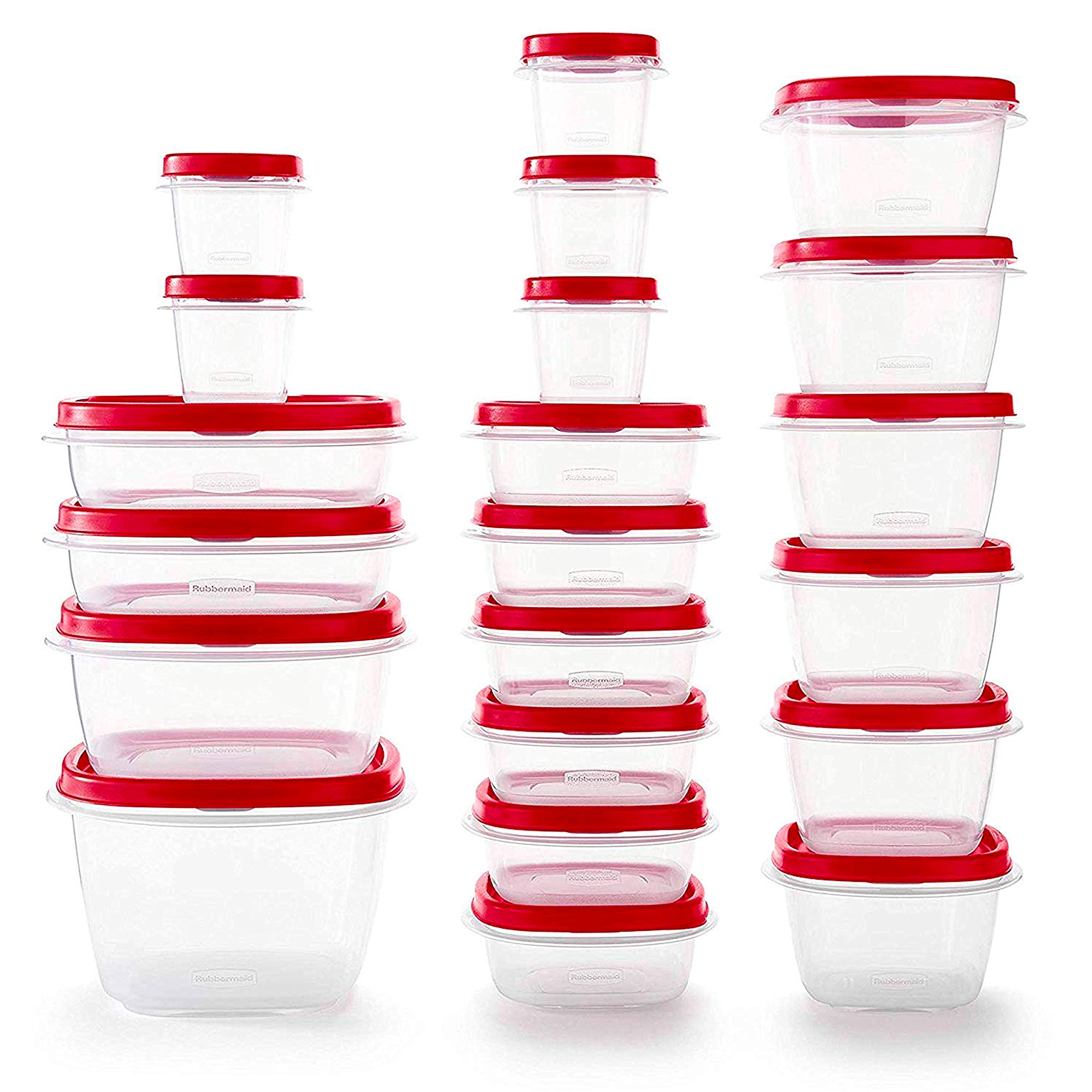 Rubbermaid 42-piece set with clear bases for quick content identification.