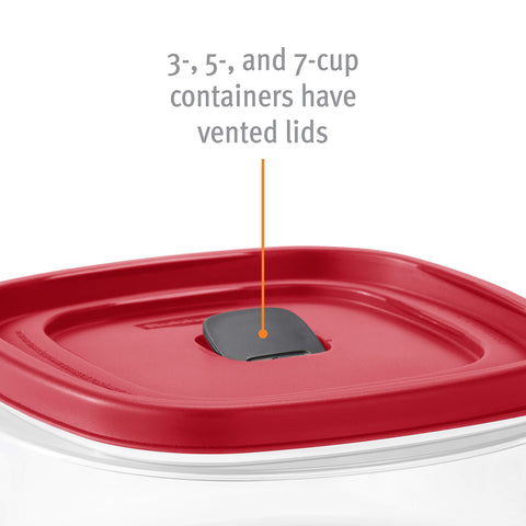 Rubbermaid bright red lids help quick lid identification and organization.