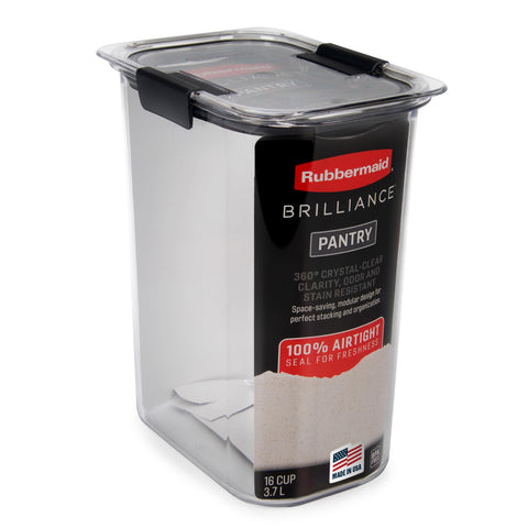 Rubbermaid Brilliance 16-cup container with clear base for easy pantry visibility.