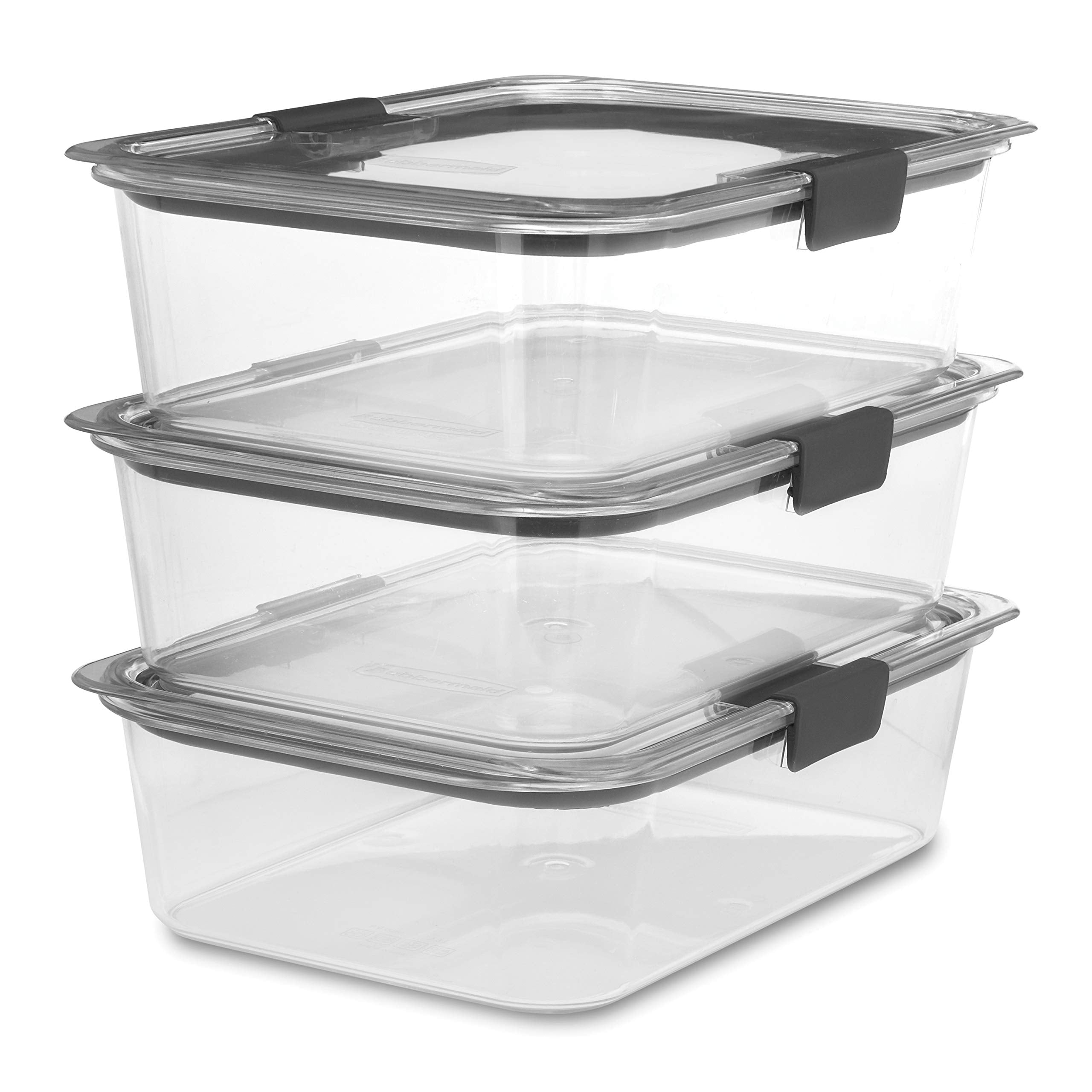 Rubbermaid Brilliance 3-pack container set with transparent bodies for quick content checks and easy organization