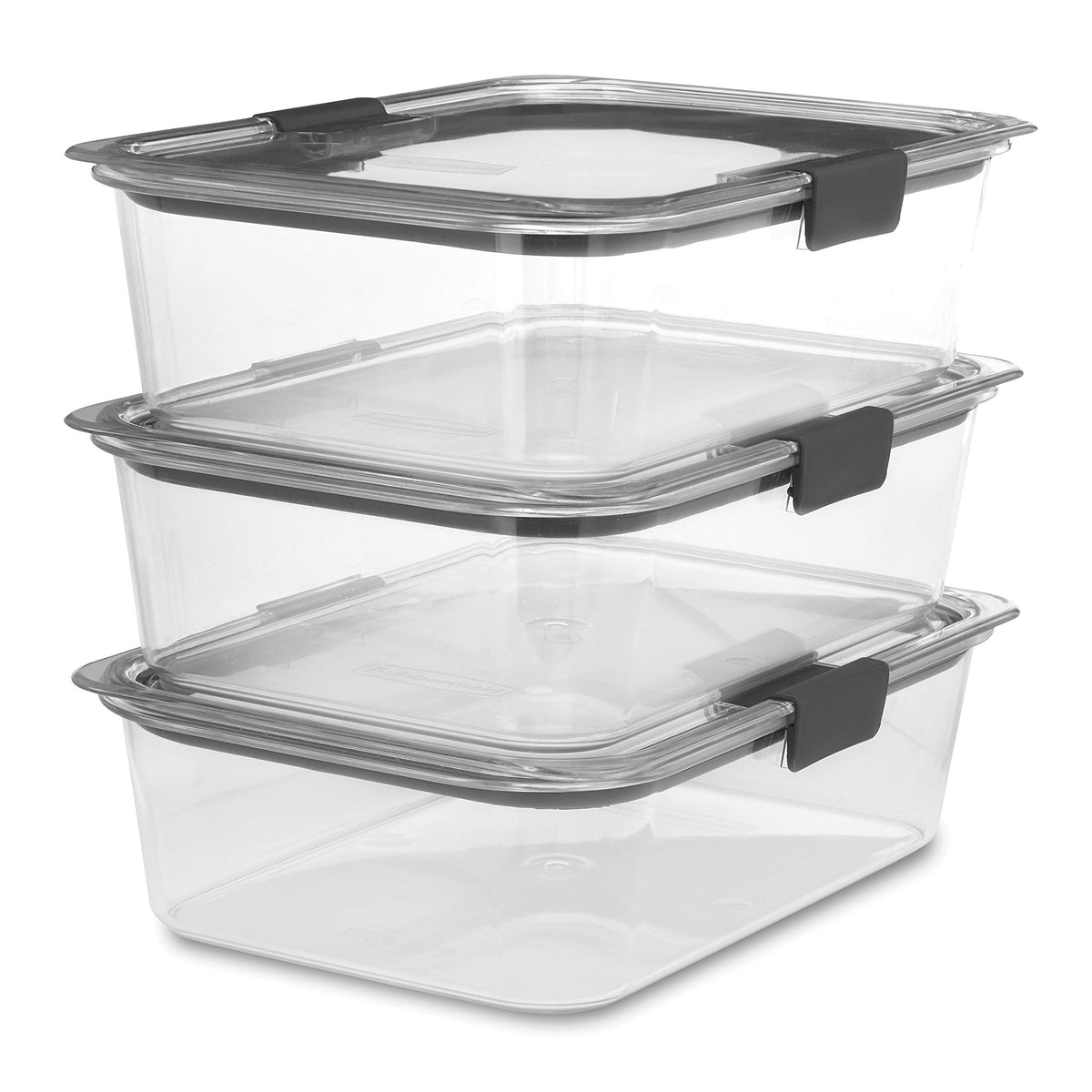 Rubbermaid Brilliance 3-pack container set with transparent bodies for quick content checks and easy organization