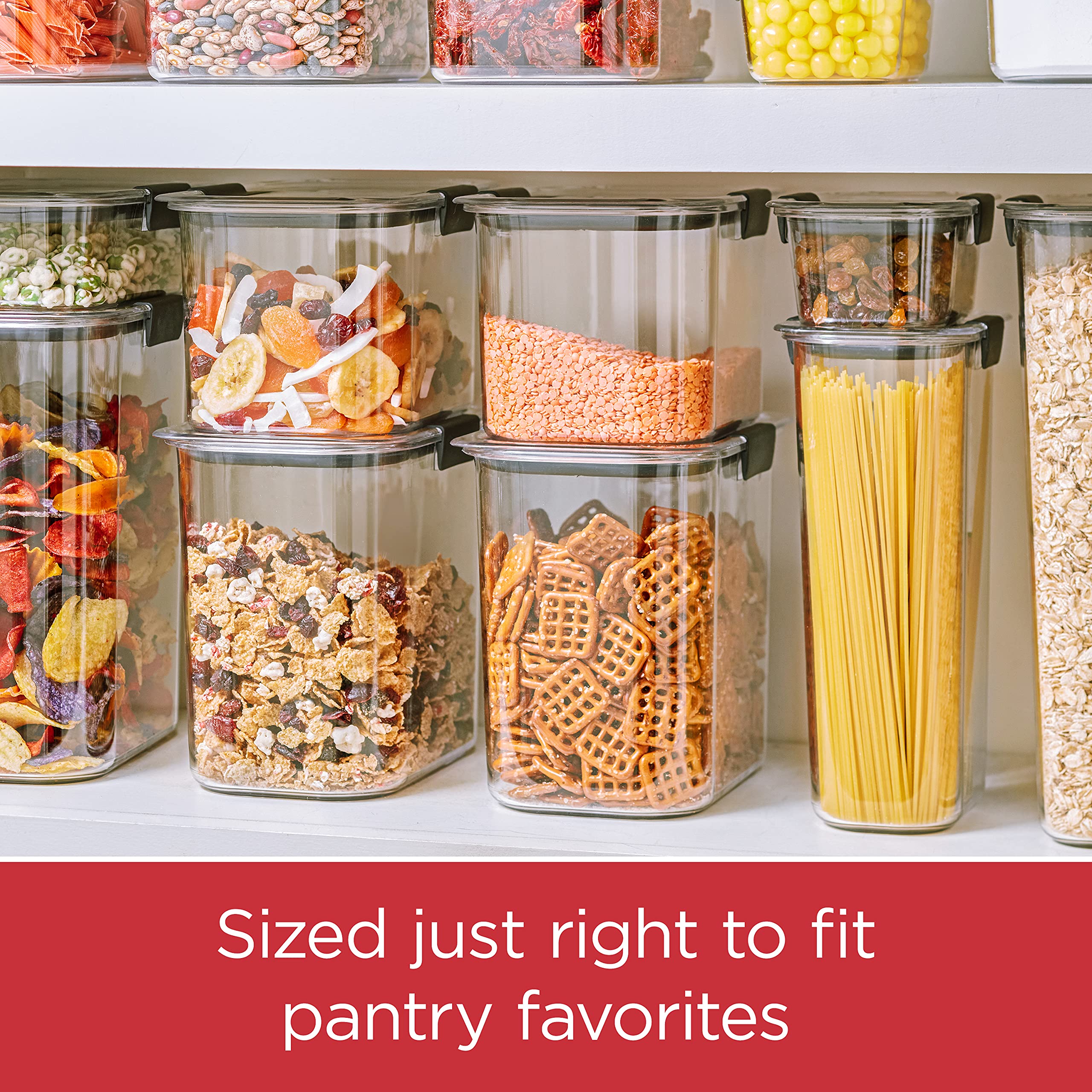 Rubbermaid Brilliance container on a pantry shelf highlighting organized storage.