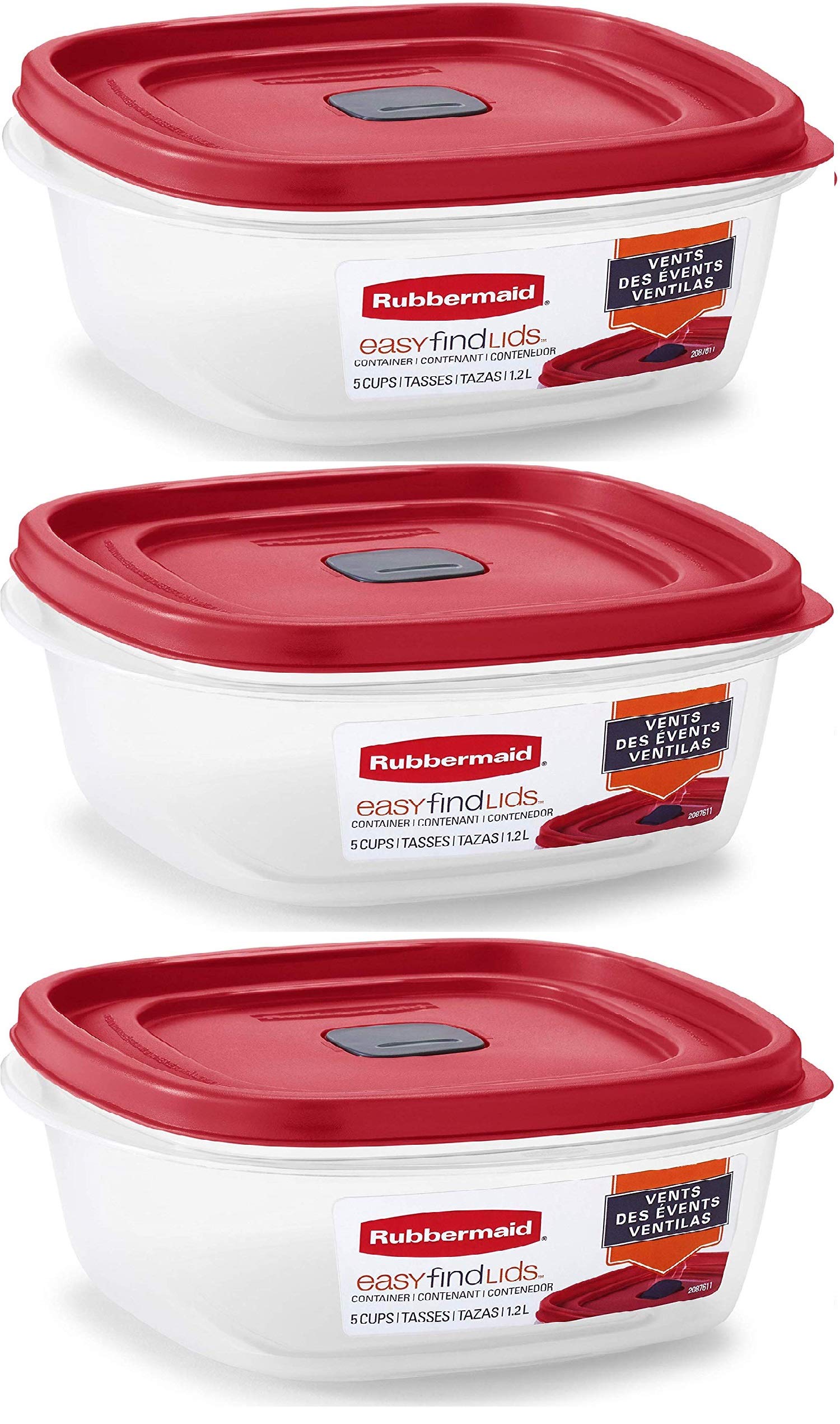 Rubbermaid Easy Find Lid square 5-cup container set neatly organized for meal prep.