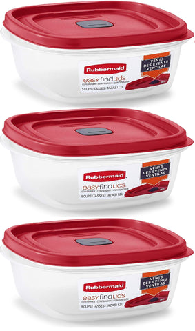 Rubbermaid Easy Find Lid square 5-cup container set neatly organized for meal prep.