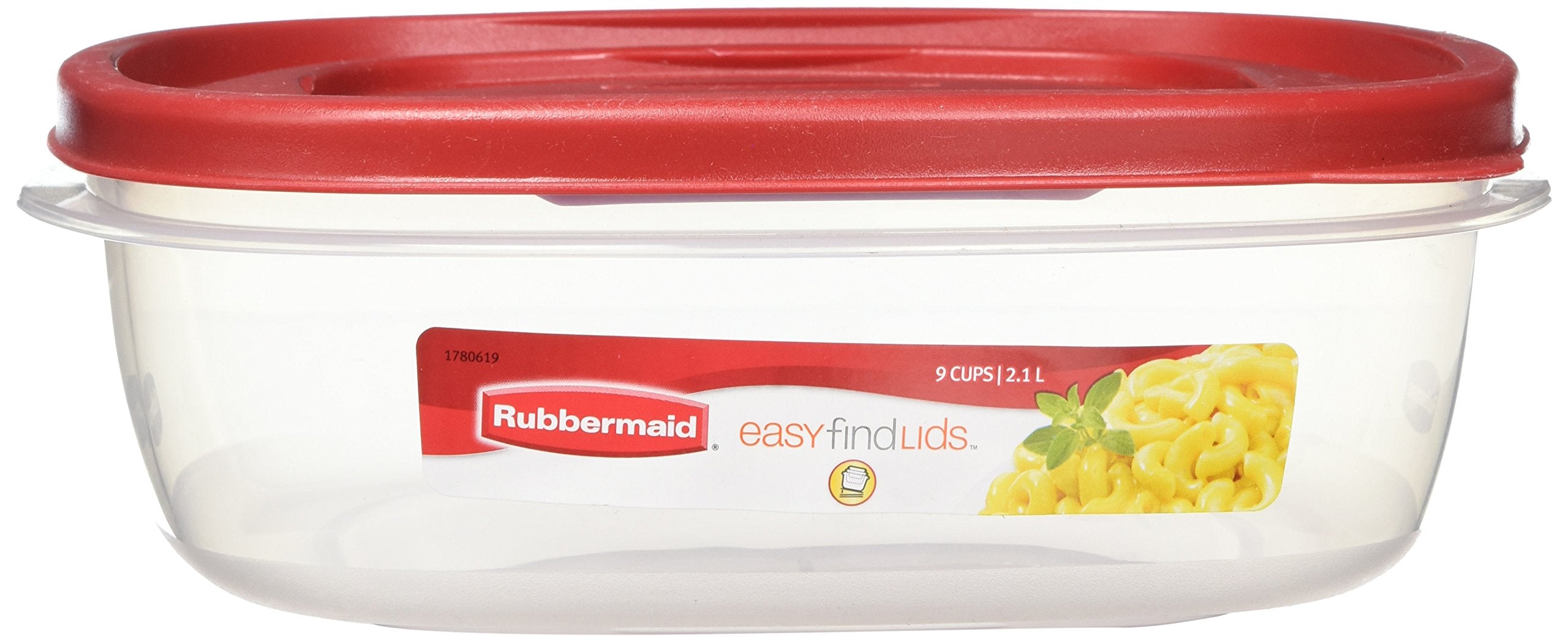 Rubbermaid Easy Find Lid square 9-cup container with clear base for quick content visibility.