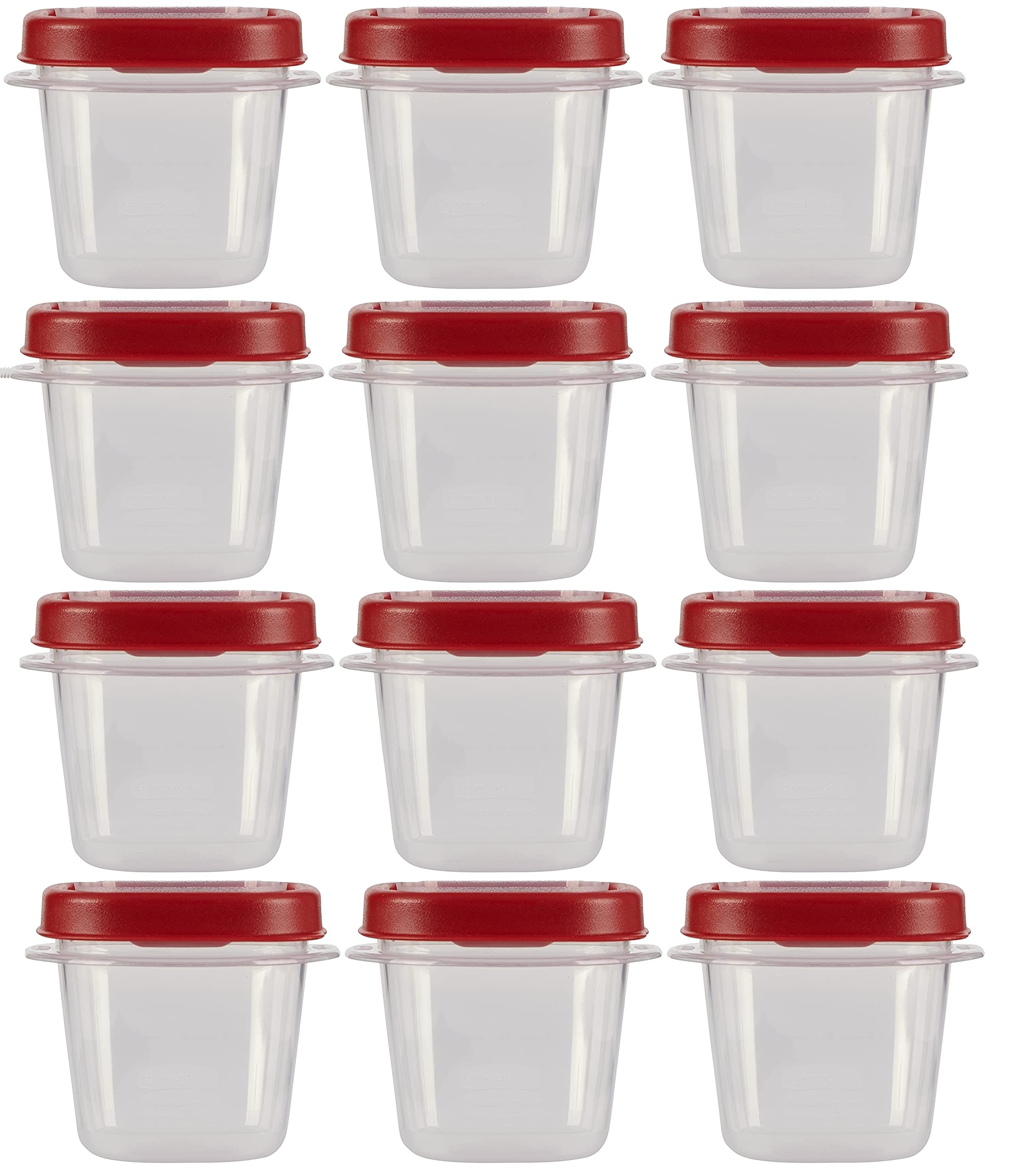 Rubbermaid Easy Find Lids 0.5-cup container with red lid, clear body, ideal for snacks and leftovers.