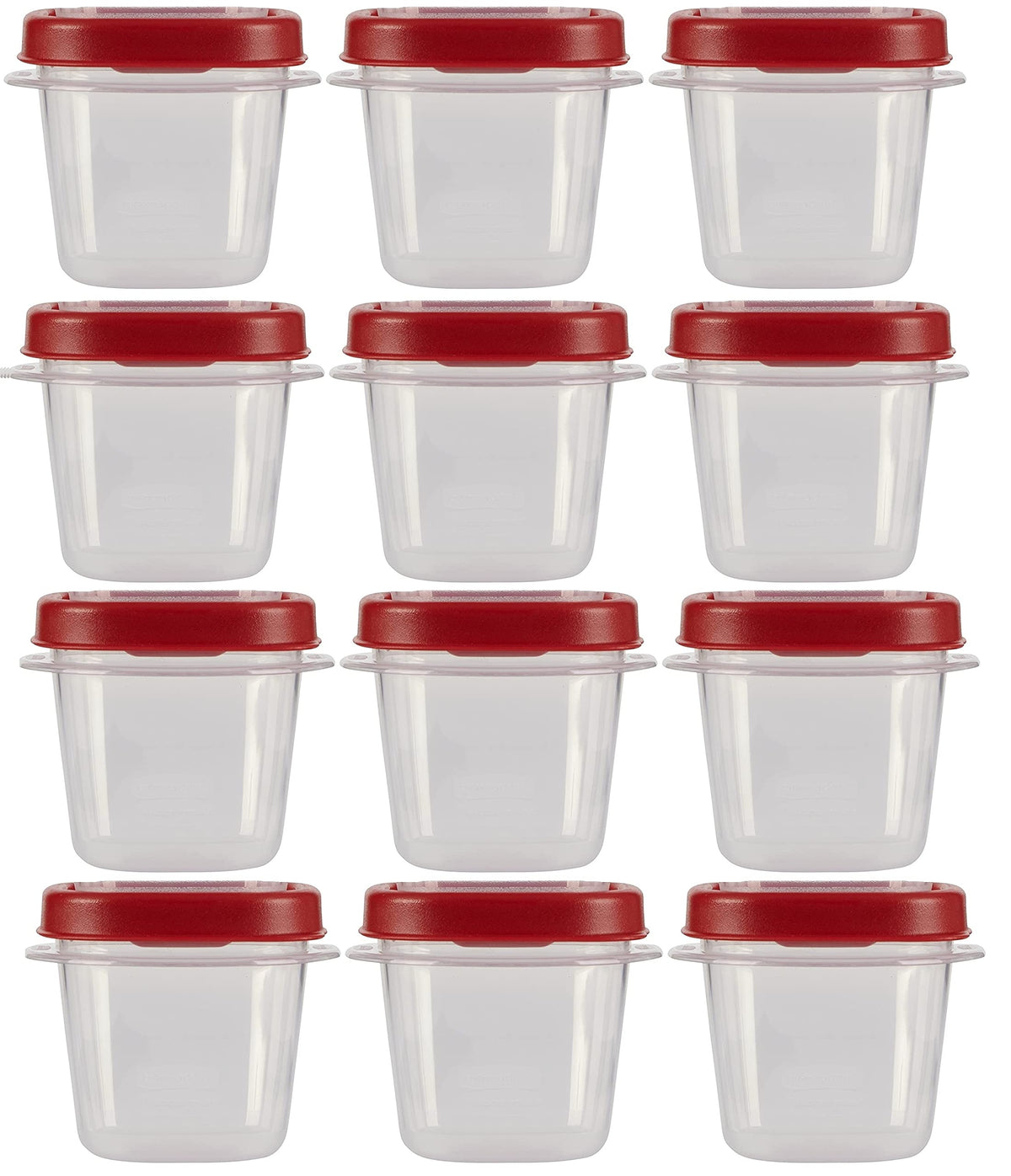 Rubbermaid Easy Find Lids 0.5-cup container with red lid, clear body, ideal for snacks and leftovers.