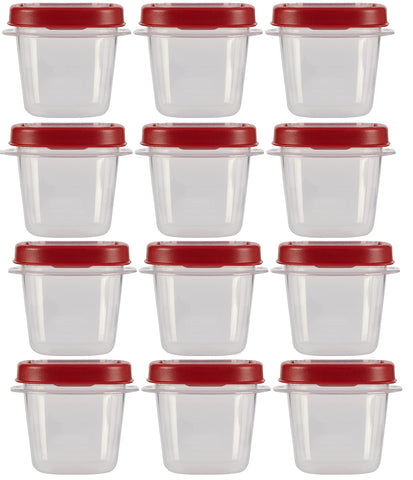 Rubbermaid Easy Find Lids 0.5-cup container with red lid, clear body, ideal for snacks and leftovers.
