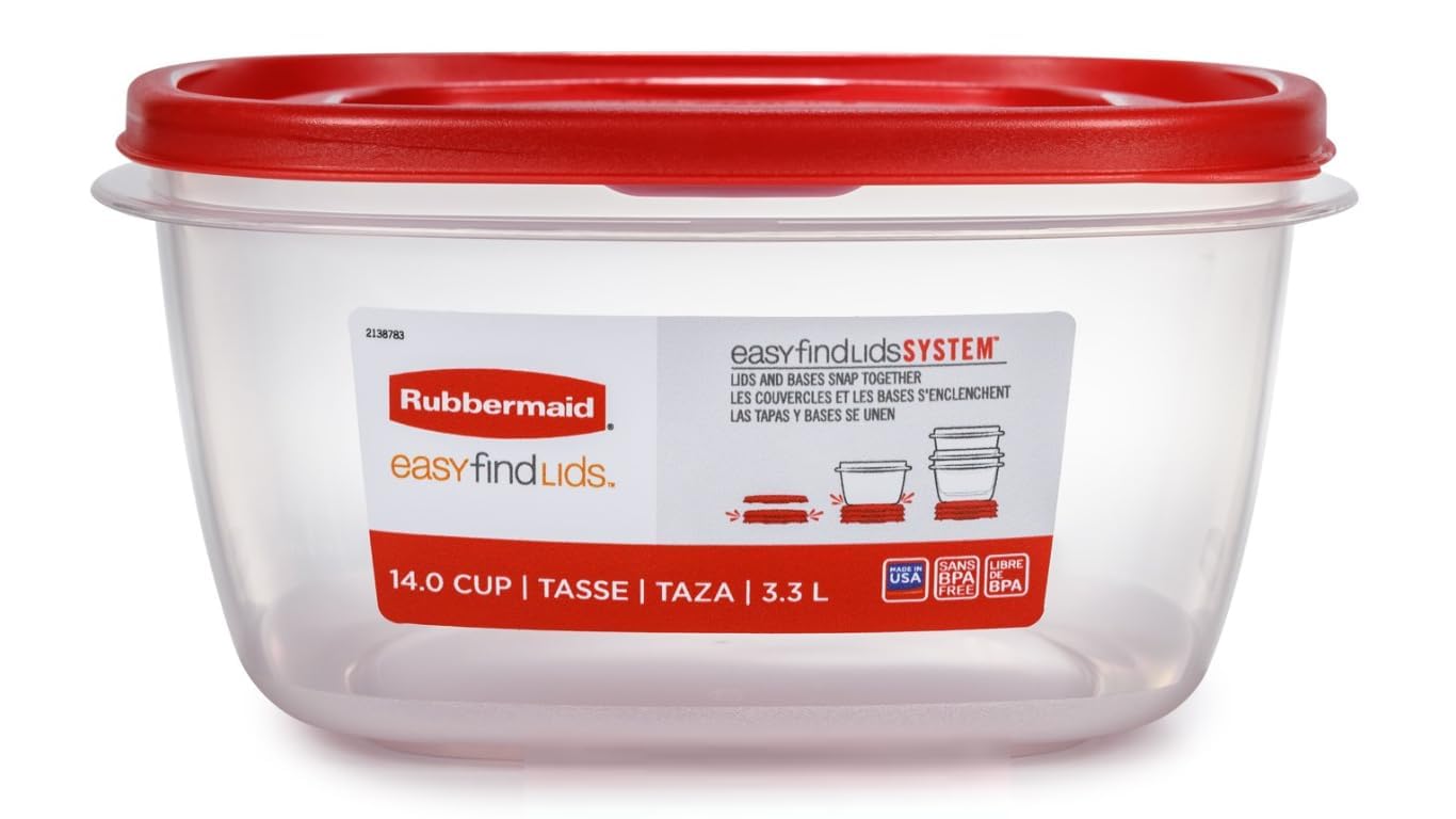 Rubbermaid Easy Find Lids: lid snaps for quick lid retrieval during meal prep.