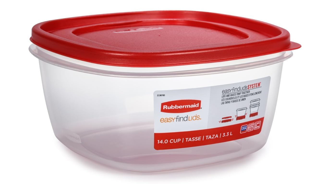 Rubbermaid Easy Find Lids nesting containers for compact cupboard storage.