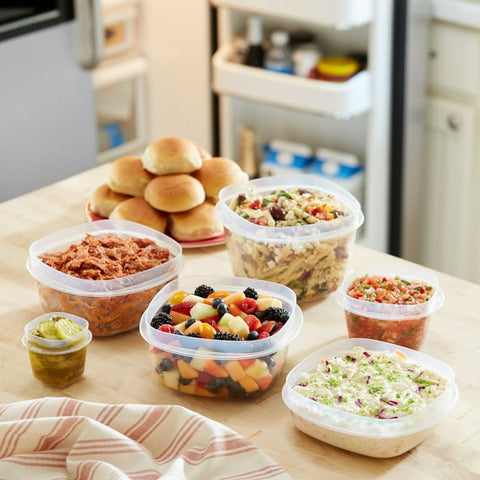 Microwave-safe base shown with leftovers ready to reheat