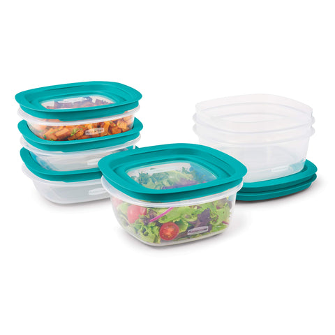 Rubbermaid EasyFindLids on containers with press and lock lids for leak-proof storage.