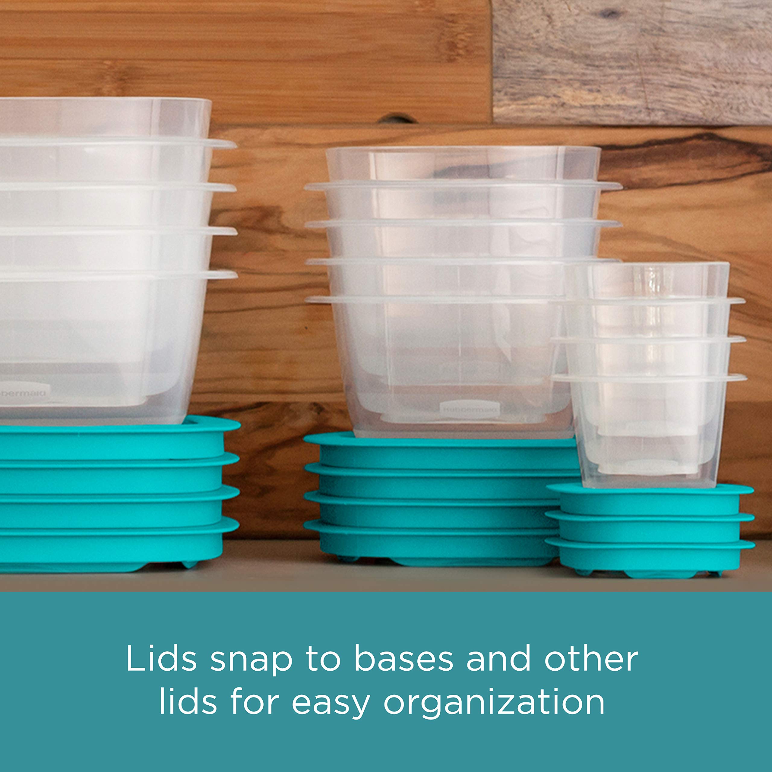 Rubbermaid EasyFindLids snap-on lids demonstrating quick lid retrieval and organized shelves.