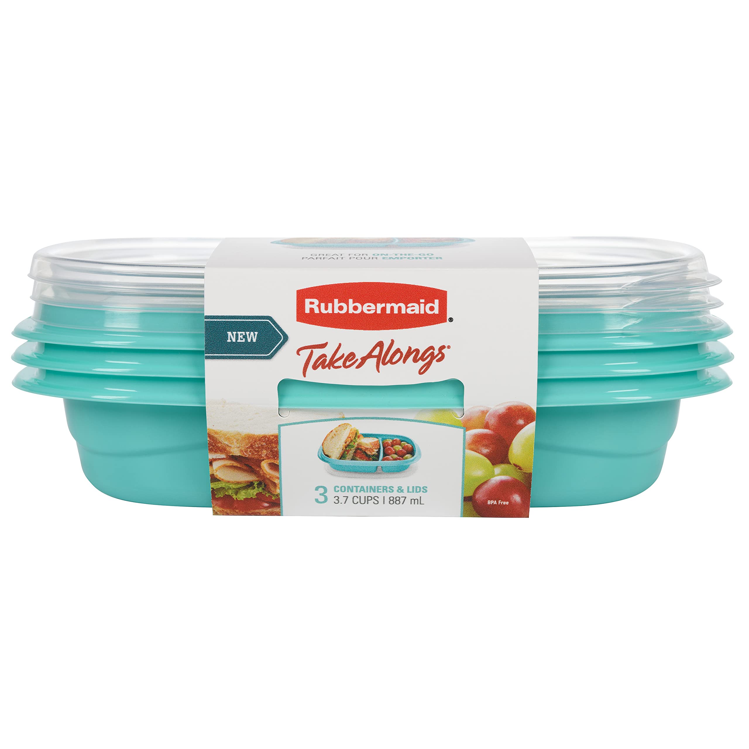 Rubbermaid TakeAlongs 3-7-cup divided rectangle in Teal Splash showcases ready-to-go meal portions.
