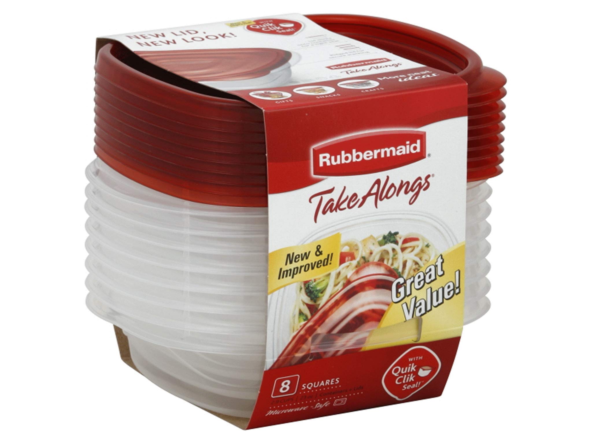 Rubbermaid TakeAlongs sandwich container in red with secure QuikClik Seal for spill-free storage.