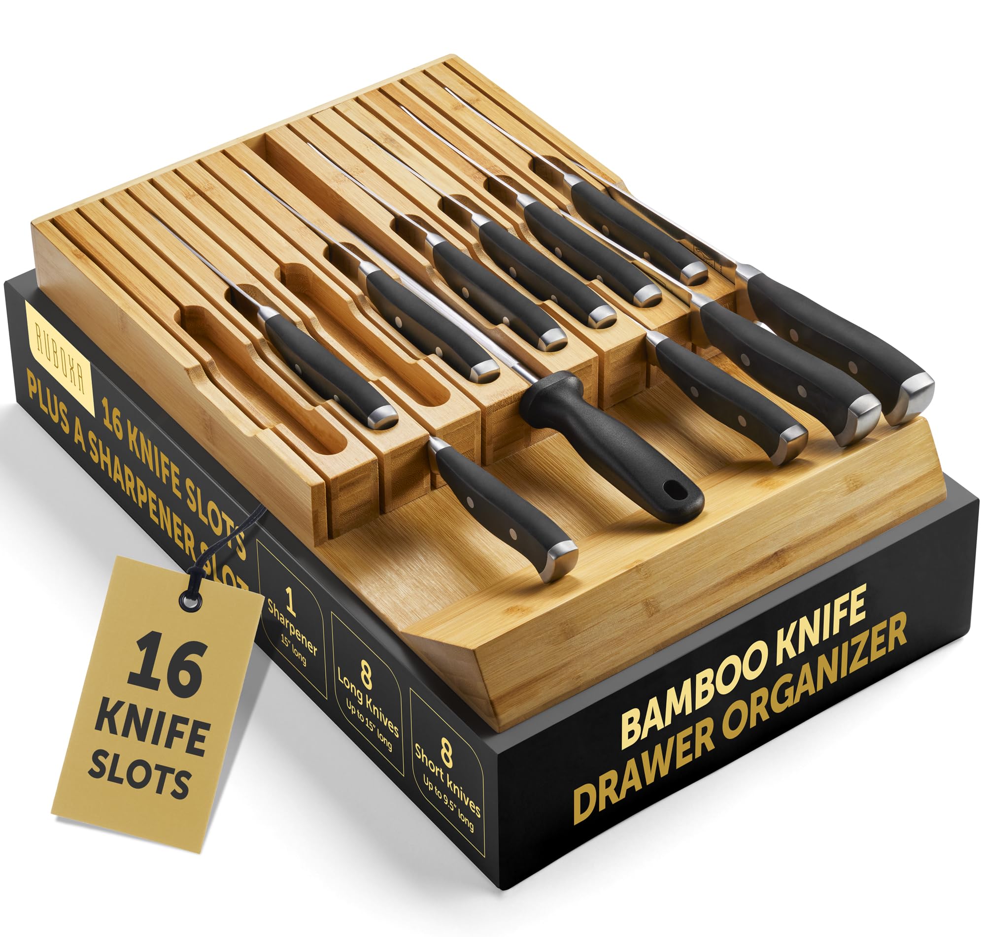 RUBOXA bamboo knife drawer organizer showing 16-slot layout for easy access to blades