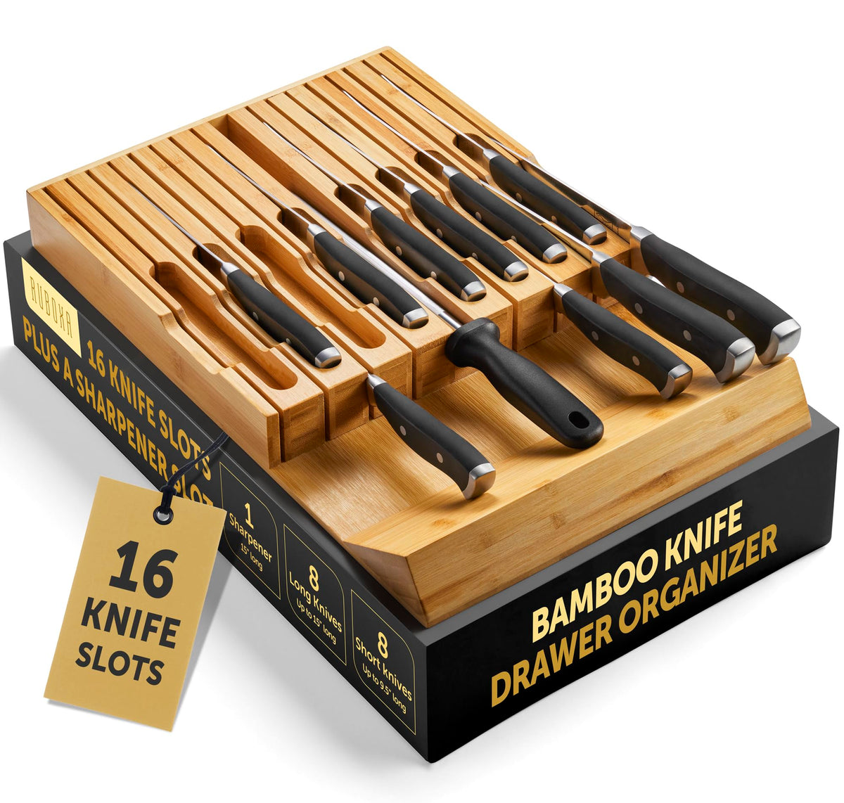 RUBOXA bamboo knife drawer organizer showing 16-slot layout for easy access to blades