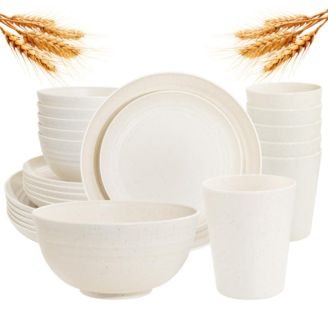 Rubtlamp 24-pc wheat straw dinnerware set laid out for a casual table setting with easy cleanup