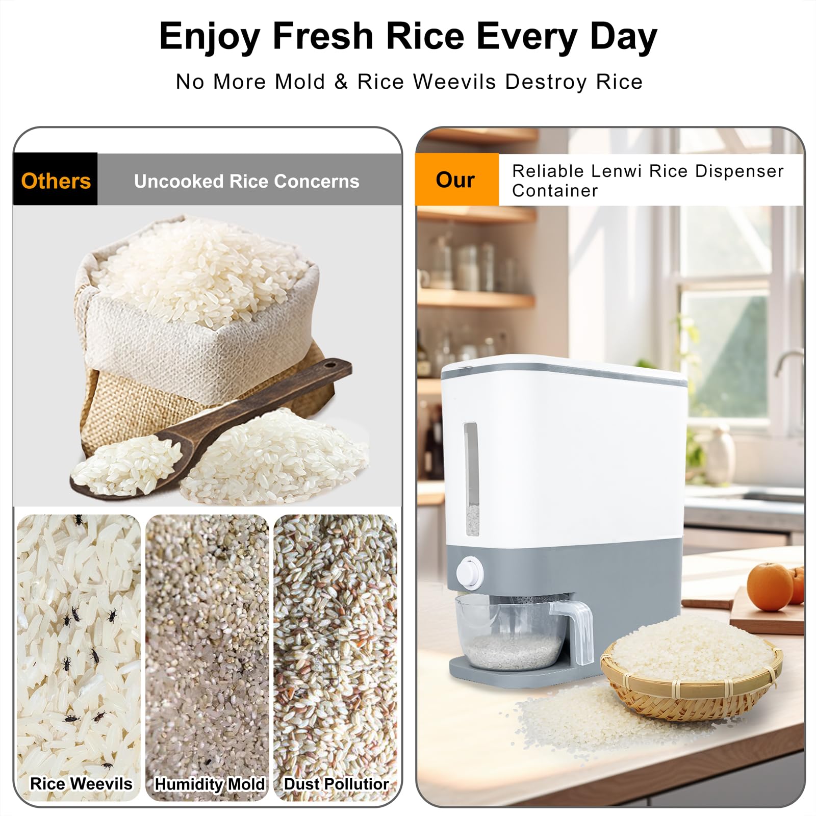 Rubtlamp multi-use storage container for rice, cereals, nuts, and more.