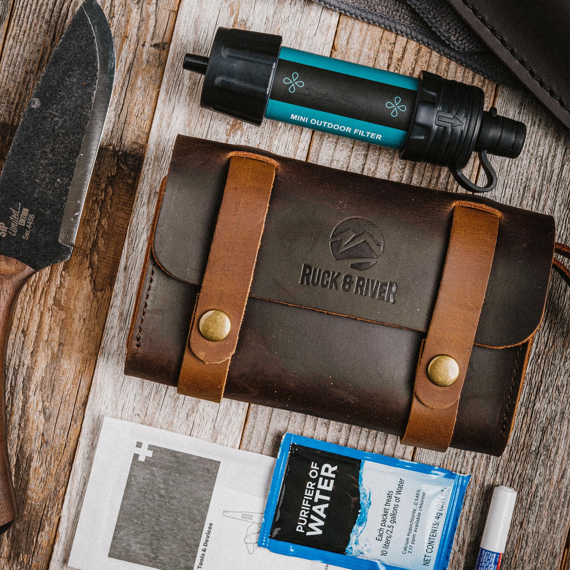 Ruck and River leather spice wallet dimensions showing slim profile for camping gear