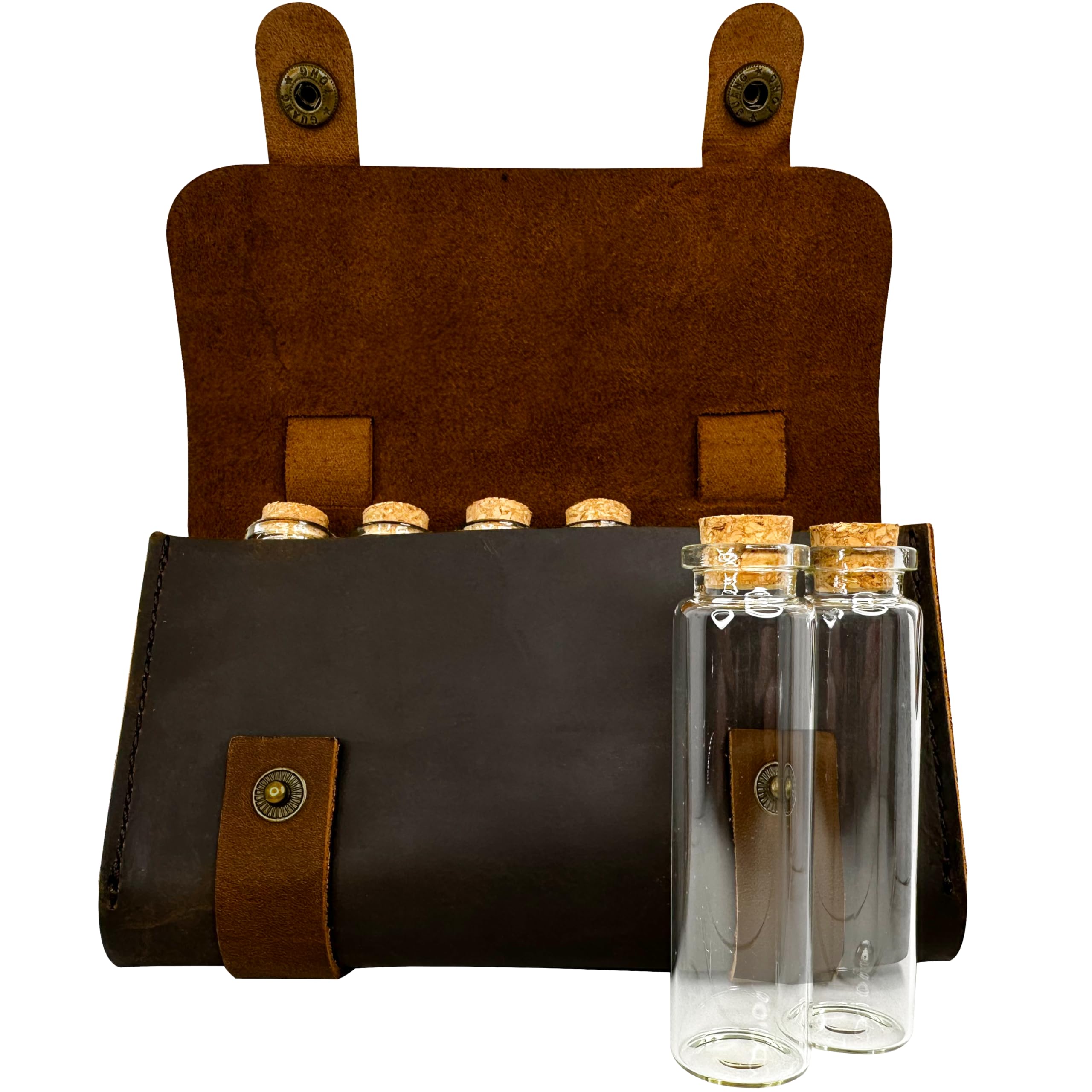Ruck and River leather spice wallet front view with six jars for organized seasoning