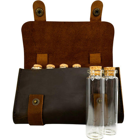 Ruck and River leather spice wallet front view with six jars for organized seasoning