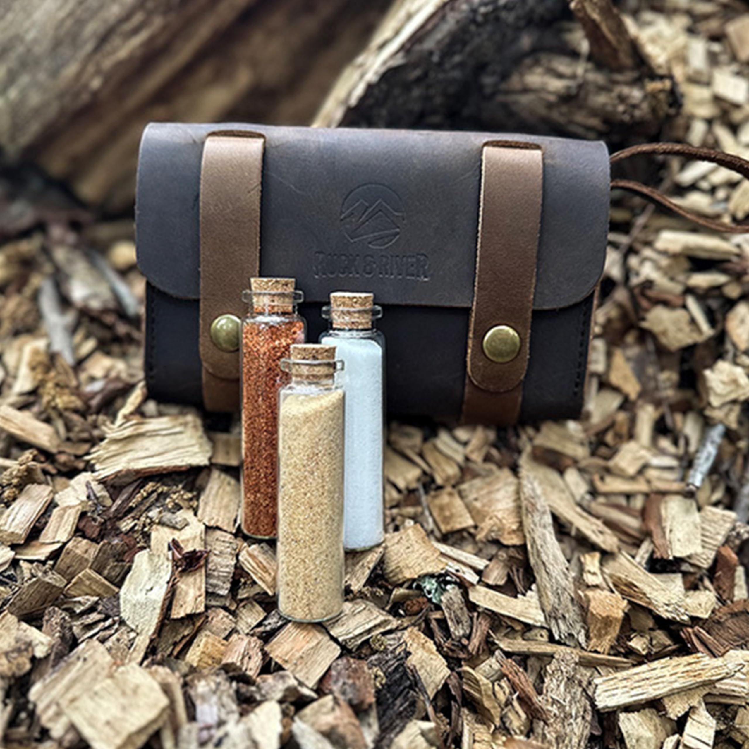 Ruck and River leather spice wallet outdoor dining scene emphasizing organized seasonings