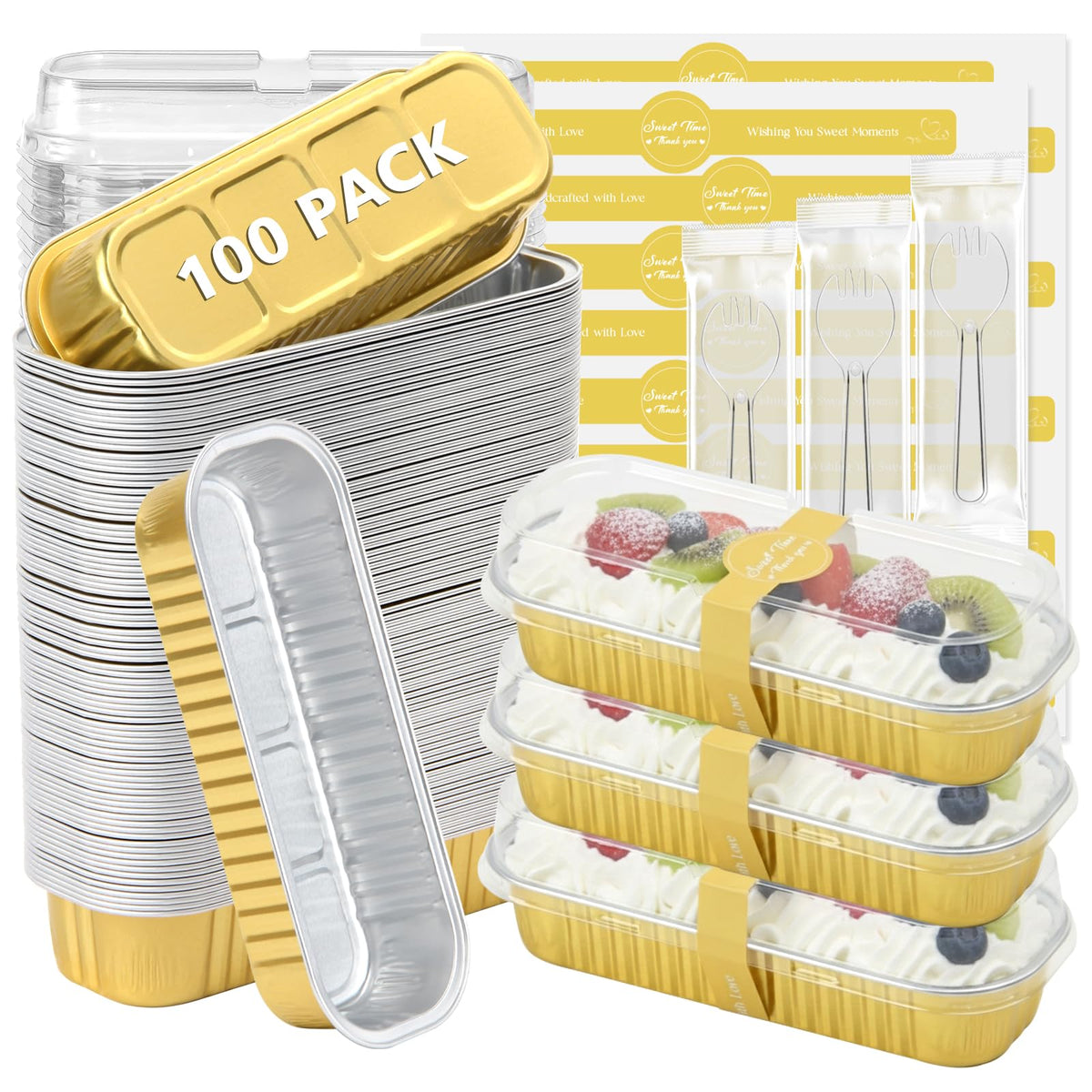 Ruckae 100-pack mini loaf pans with lids and spoons for easy serving.