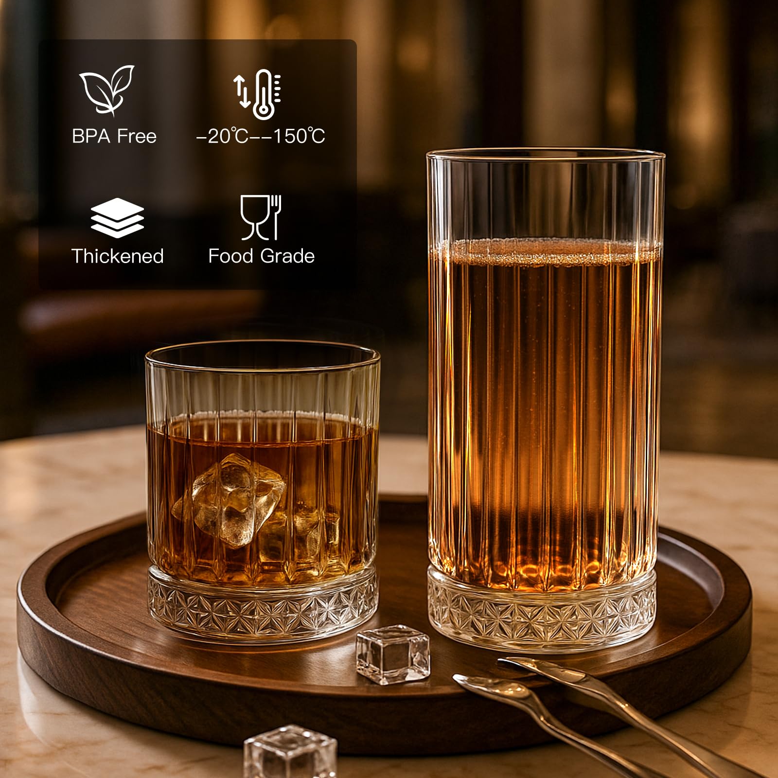 Ruckae clear ribbed 15oz glass ideal for beer, cocktails, or juice servings.