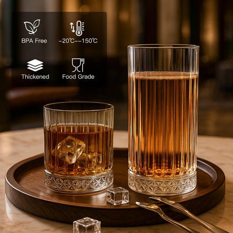 Ruckae clear ribbed 15oz glass ideal for beer, cocktails, or juice servings.
