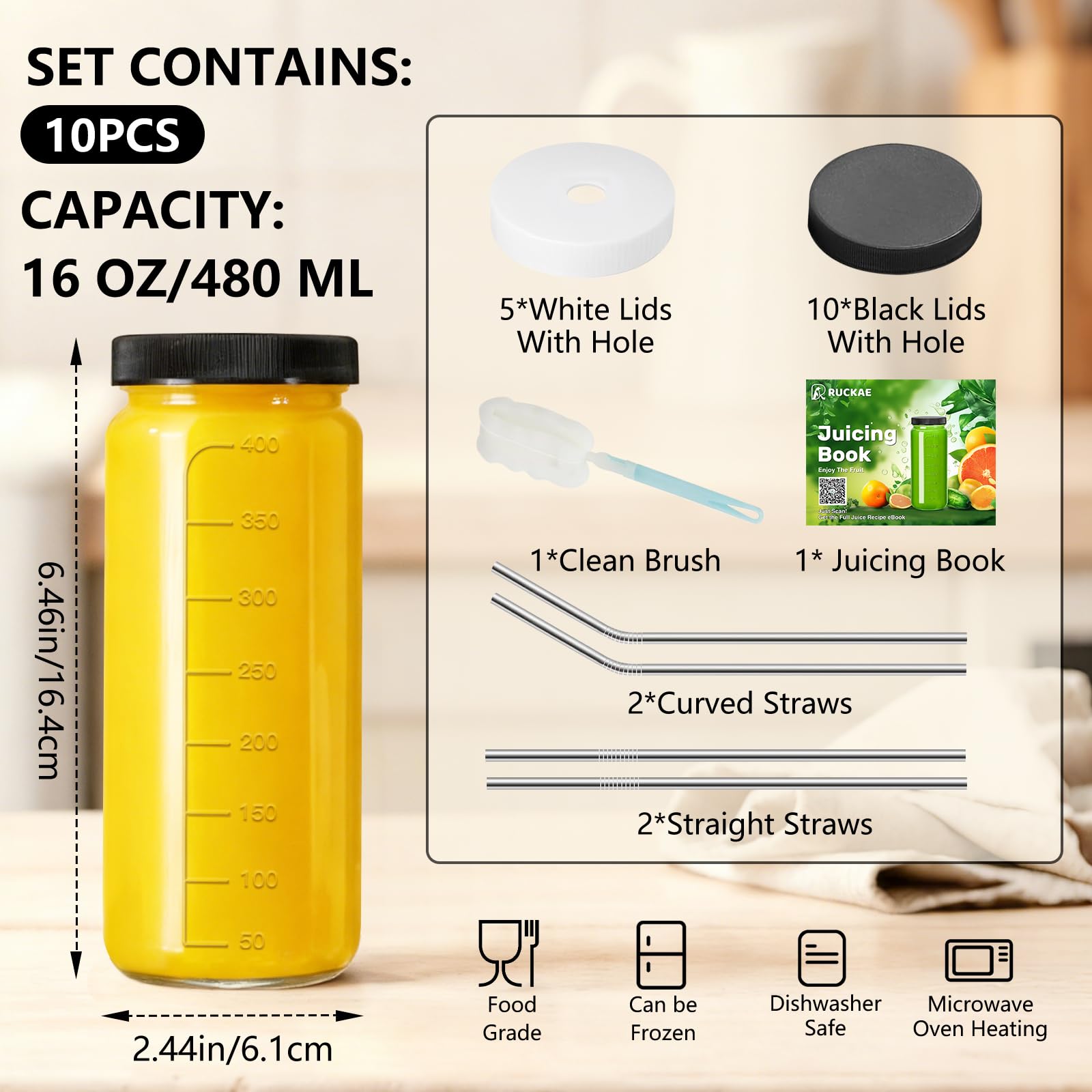 Ruckae glass bottle with tight lid, leakproof storage for juices and smoothies.
