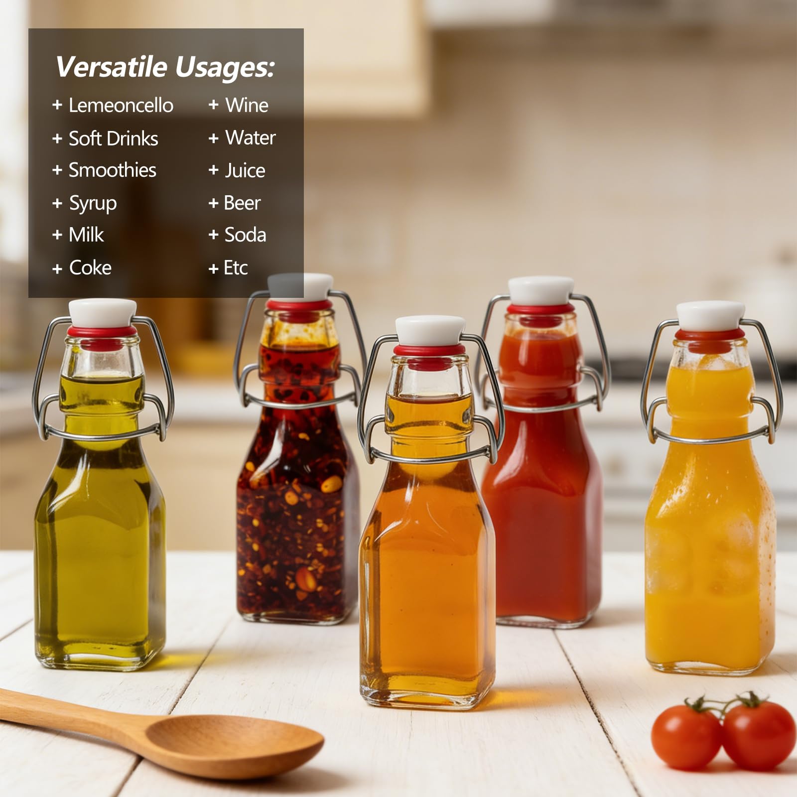 Ruckae glass bottle with lid demonstrates leak-proof seal for syrups and beverages