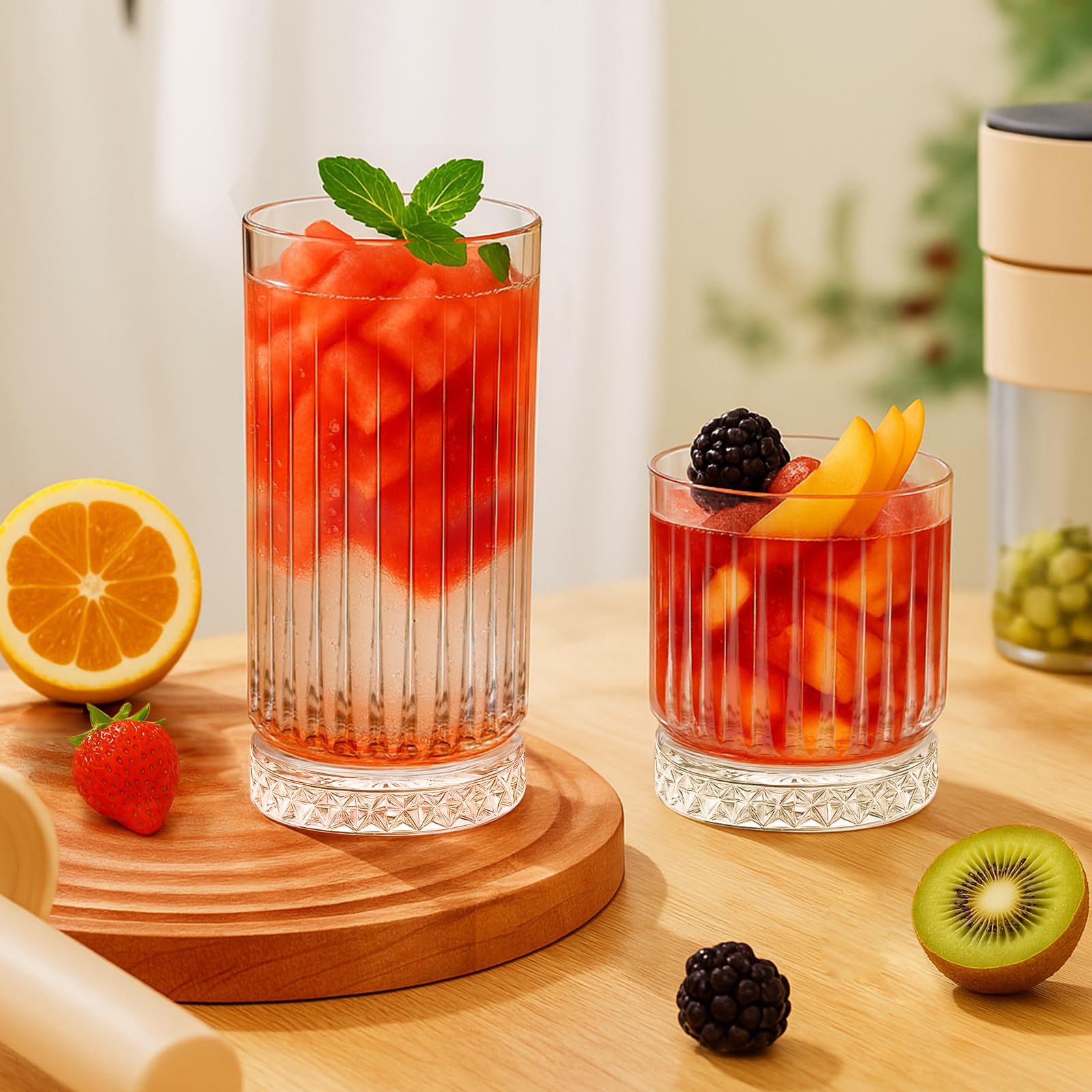 Ruckae whiskey or juice glass keeps drinks cool with robust construction.
