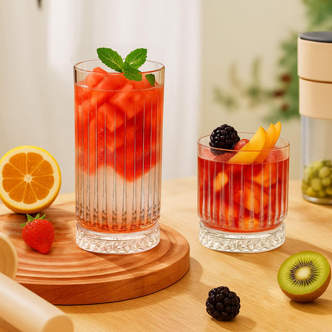 Ruckae whiskey or juice glass keeps drinks cool with robust construction.